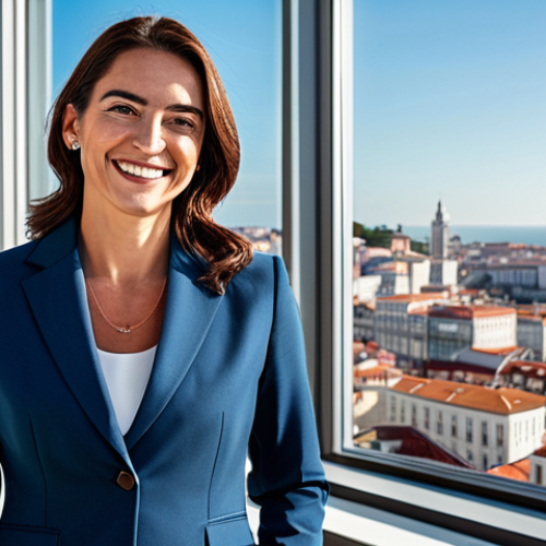 Home 17 **
A businesswoman in a tailored, fully clothed business suit, smiling confidently in a modern, sunlit Lisbon office. Behind her, a cityscape view includes iconic Portuguese architecture. Safe for work, professional attire, perfect anatomy, well-formed hands, appropriate content, high resolution, realistic style.
**