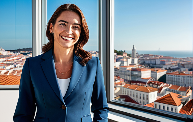 **

A businesswoman in a tailored, fully clothed business suit, smiling confidently in a modern, sunlit Lisbon office. Behind her, a cityscape view includes iconic Portuguese architecture. Safe for work, professional attire, perfect anatomy, well-formed hands, appropriate content, high resolution, realistic style.

**