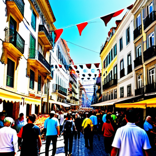 Home 10 **Vibrant Lisbon Street Fair:** "A bustling street scene in Lisbon during a cultural festival. People are enjoying traditional Portuguese music, food stalls are overflowing with pastel de nata and other delicacies, colorful banners are strung across the street. Capture the energy and atmosphere of a local celebration. Realistic, high detail, sunny day."