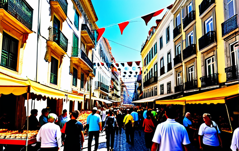 **Vibrant Lisbon Street Fair:** "A bustling street scene in Lisbon during a cultural festival.  People are enjoying traditional Portuguese music, food stalls are overflowing with pastel de nata and other delicacies, colorful banners are strung across the street.  Capture the energy and atmosphere of a local celebration.  Realistic, high detail, sunny day."