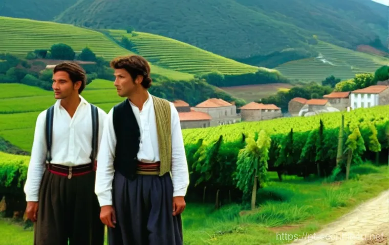 문화콘텐츠 기획사 해외 진출 성공 사례 - **Portuguese Historical Drama Scene:** A wide shot capturing a picturesque village in the Minho regi...