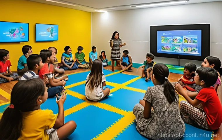 문화콘텐츠 기획 전문가 인터뷰 - A multi-generational group, including a curious toddler wearing a colorful diaper, explores a vibran...