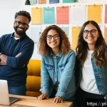 Home 18 문화콘텐츠 기획사에서의 멘토링 제도 - A diverse group of creative professionals in a cozy, modern coworking space filled with art supplies...