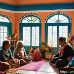 Home 23 문화콘텐츠 기획사의 브랜드 구축 전략 - A vibrant cultural workshop scene in a Brazilian community center, featuring diverse participants of...