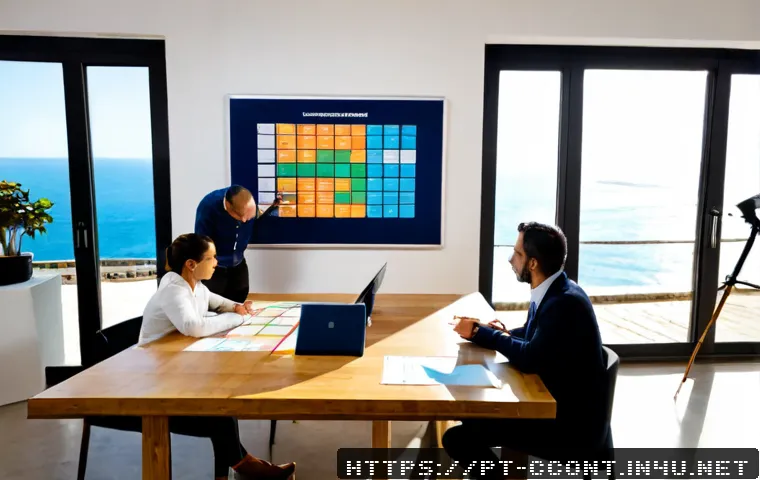 문화콘텐츠 기획 포지션별 역할 설명 - Photorealistic cultural content planning meeting in a bright Lisbon creative studio, diverse Portugu...
